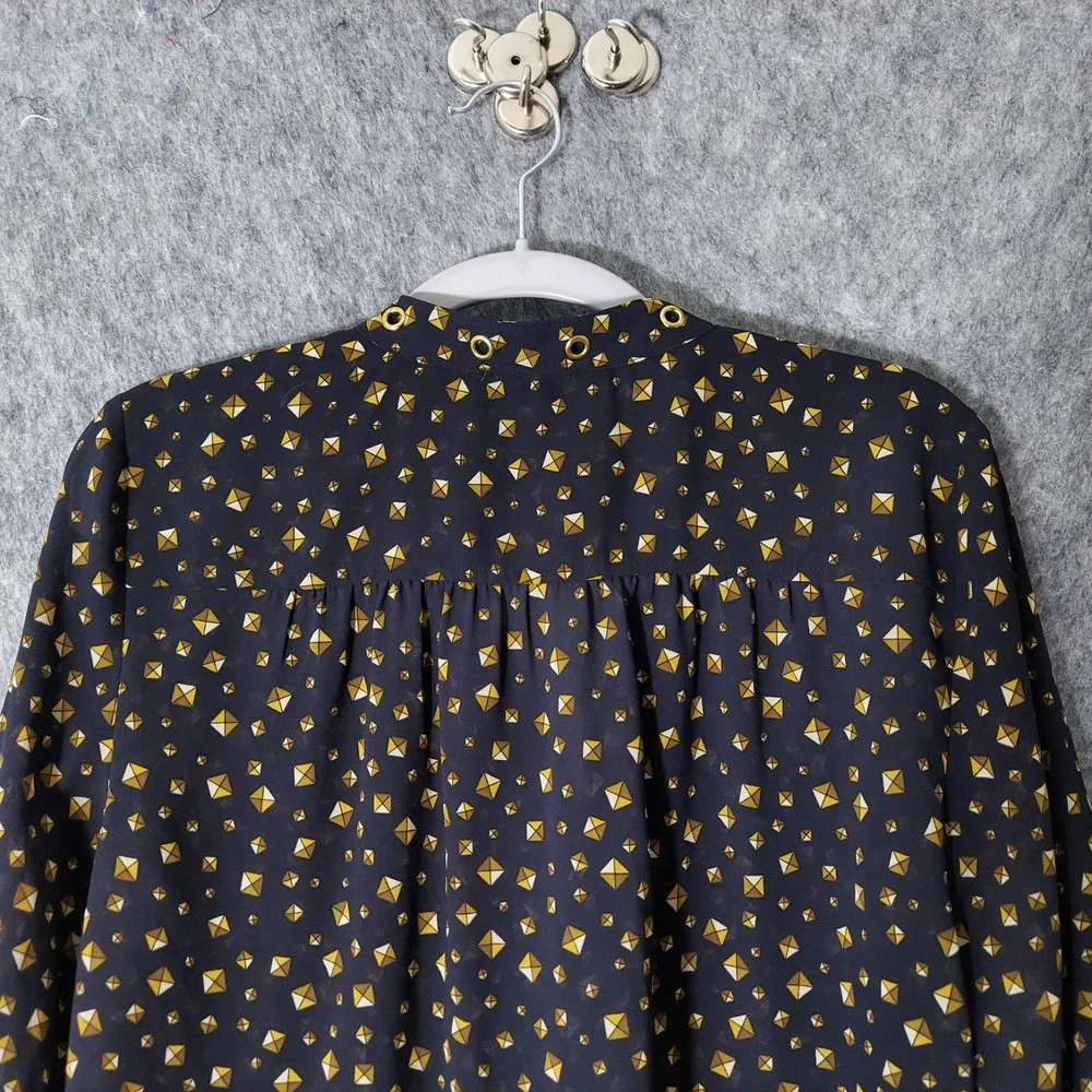 Michael‎ Kors Blouse Women M Black Gold Stud Print Grommet Neck Button Front Top